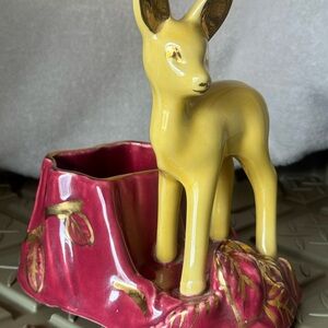 Yellow Deer Planter with Pink Base Ceramic Accent